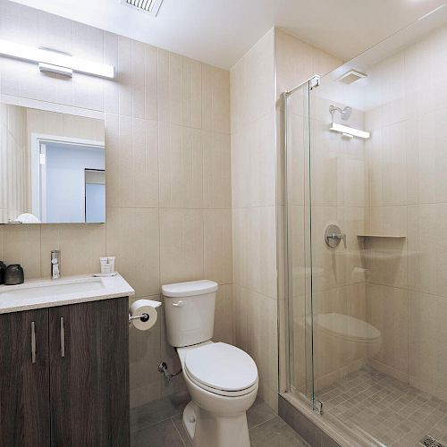 A modern bathroom with a vanity, sink, toilet, mirror, and a glass-enclosed shower.