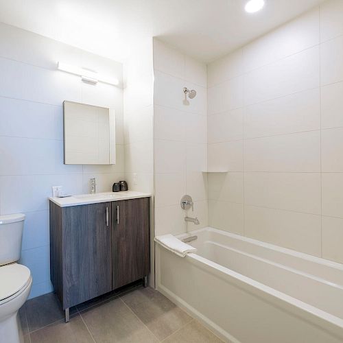 A clean, modern bathroom with a toilet, vanity with sink and mirror above, and a bathtub with a showerhead, all in light tones.