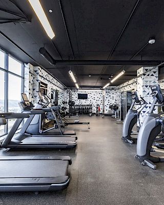 The image shows a modern gym with treadmills, exercise bikes, and other workout equipment against geometric-patterned walls and large windows.