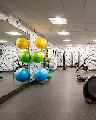 A gym with various equipment including an elliptical machine, exercise ball rack with colorful balls, mirrored wall, and patterned wallpaper.