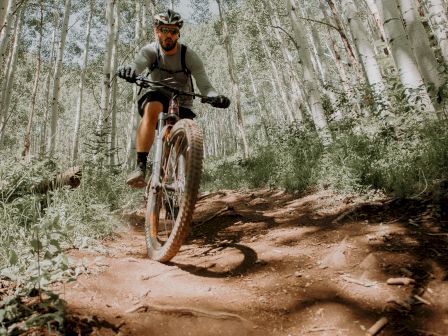 A person riding a mountain bike on a dirt trail through a forest, surrounded by tall trees and greenery, with a focus on the rider and the path.