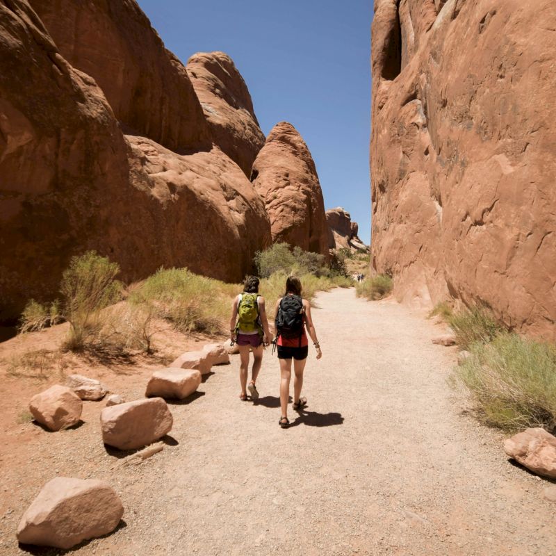 Two people are walking on a dirt path between large rock formations under a clear blue sky. Vegetation is sparse along the edges of the path.